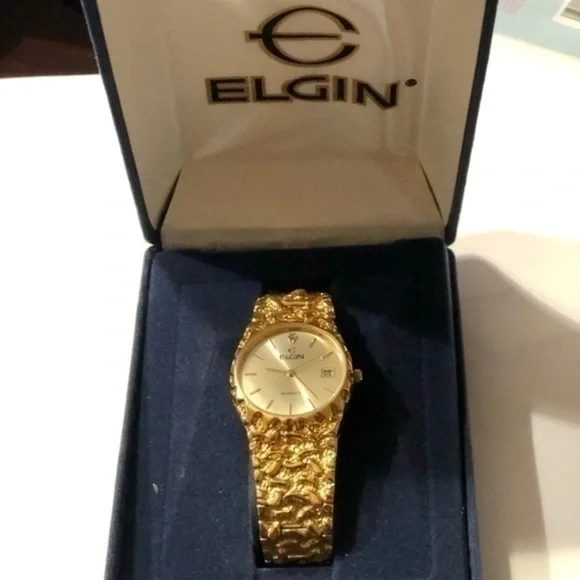 Elgin Gold Tone Nugget Watch - Not Tested - Quartz Movement With Case - Picture 6 of 6